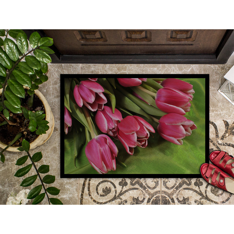 Tapis de porte antidérapant Pink Tulips, Rectangle 1 pi 6 po x 2 pi 3 po