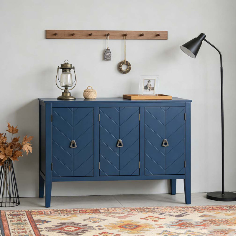 Adjustable Shelf Storage Sideboard with 3 Retro Metal Handles and 4 Pinewood Legs, Navy Blue