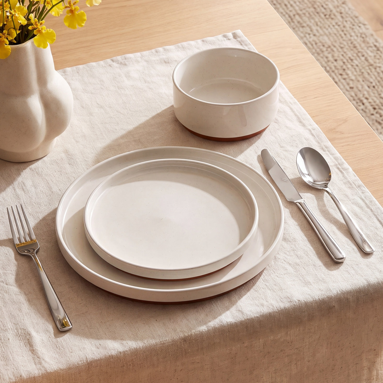 Stratton Ceramic Dinnerware Set - Service for 4, White/Pink/Brown/Gray