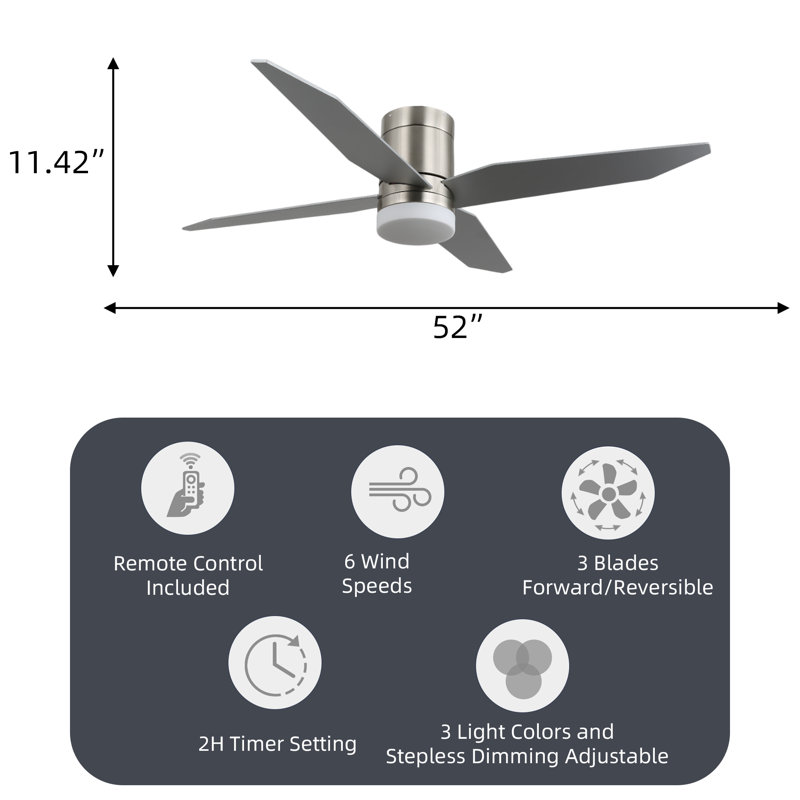52 po Ventilateur de plafond en nickel brossé à 5 pales avec pales argentées, lumière à DEL pour cage, moteur réversible et fixation à tige verticale