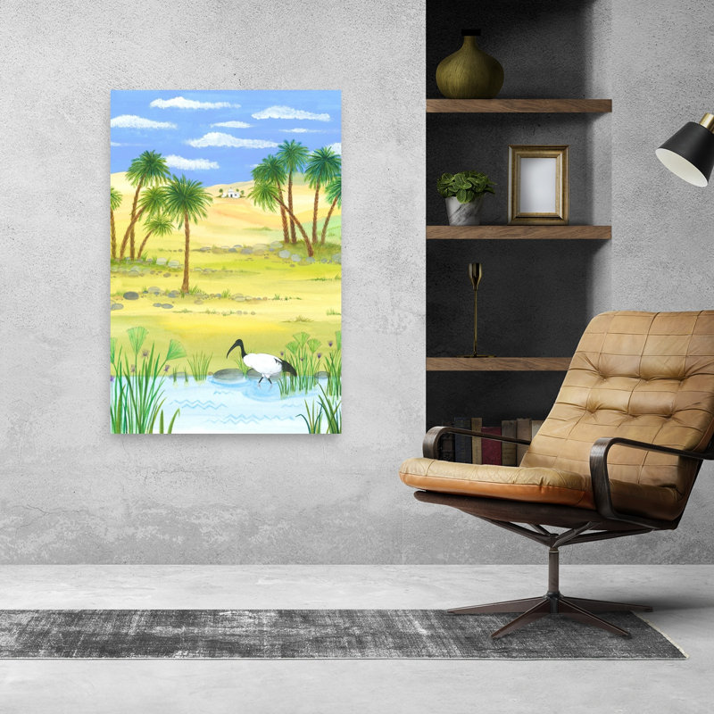 Banks Of The Nile With Ibis Tranquil Abstract Contemporary Palm Tree Bird Architecture Landscape Wall Art Print by Isabelle Brent - Wrapped Canvas Print