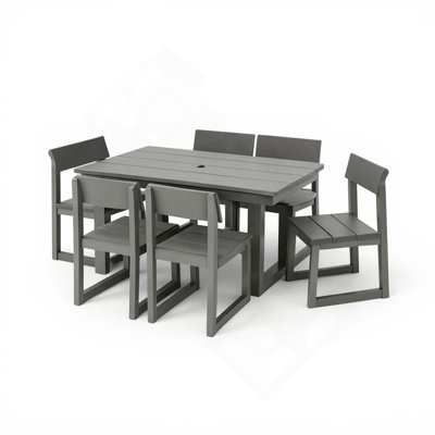 7-Piece HDPE Outdoor Dining Set for 6 – Weather-Resistant Patio Table with Umbrella Hole and 6 Armless Chairs, Durable Garden Furniture for Backyard, Lawn(Gray)