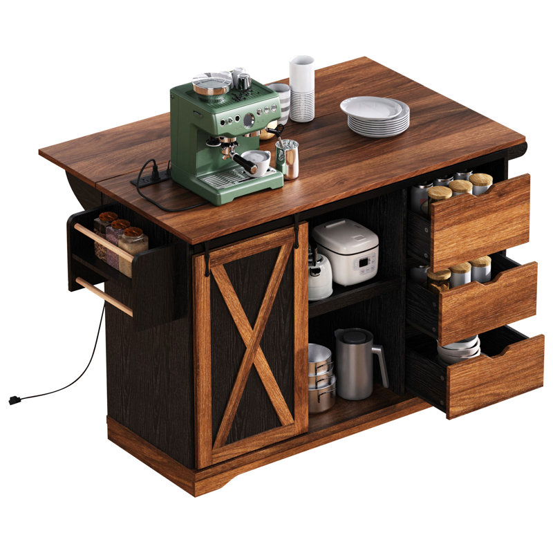 K&K 55.5" Farmhouse Kitchen Island With Drop Leaf, Black