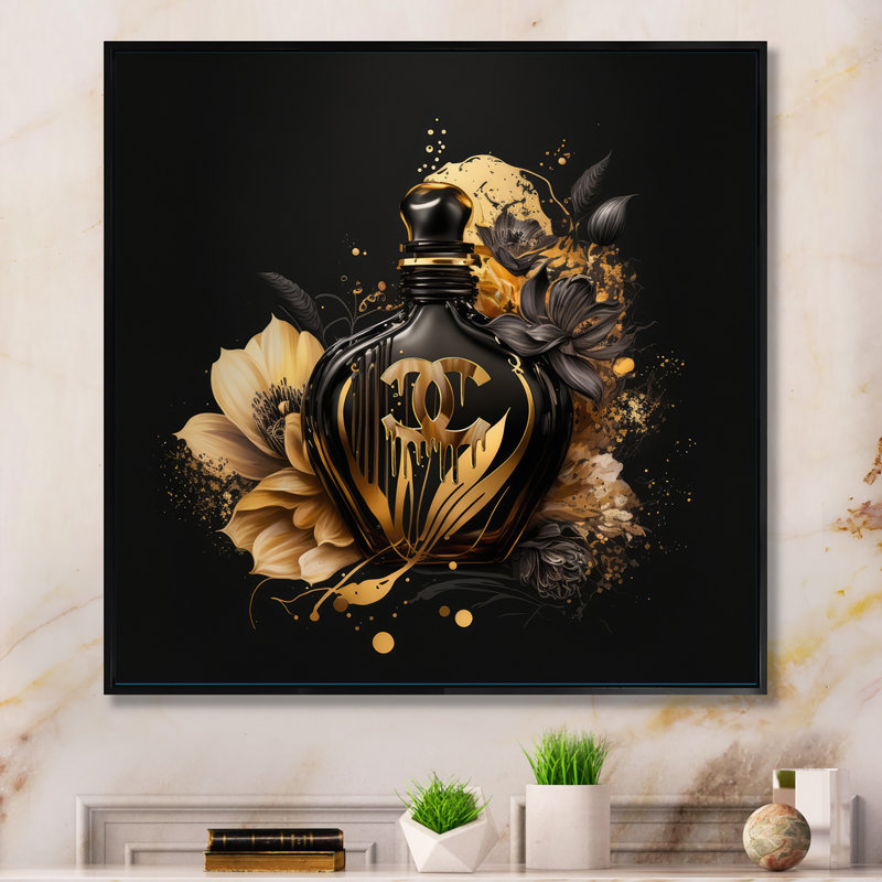 «Chic Black and Gold Perfume Bottle VII», reproduction d'art sur toile encadrée, H 30 po x l 30 po x P 1 po