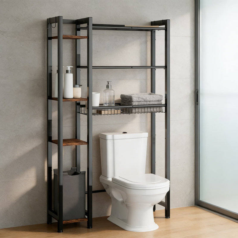 Rangement au-dessus de la toilette avec tablettes réglables, supports latéraux, panier de drainage et crochets - Étagère de salle de bain autoportante peu encombrante