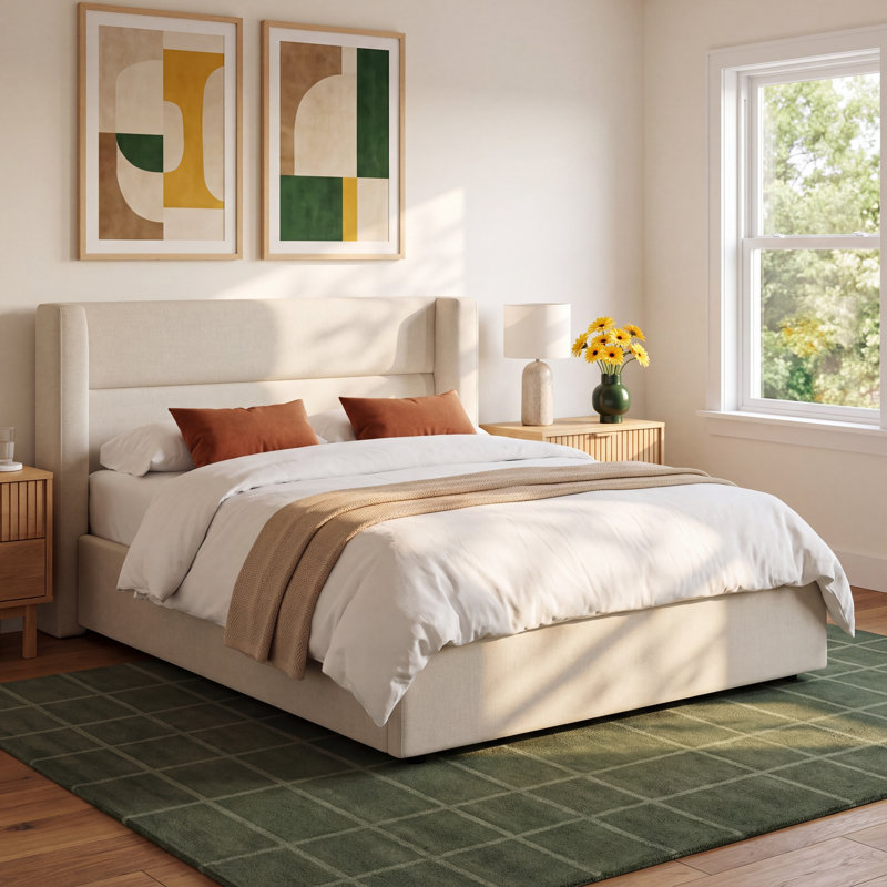 Jayla Upholstered Platform Wingback Bed, Queen, Effie Linen Performance Linen