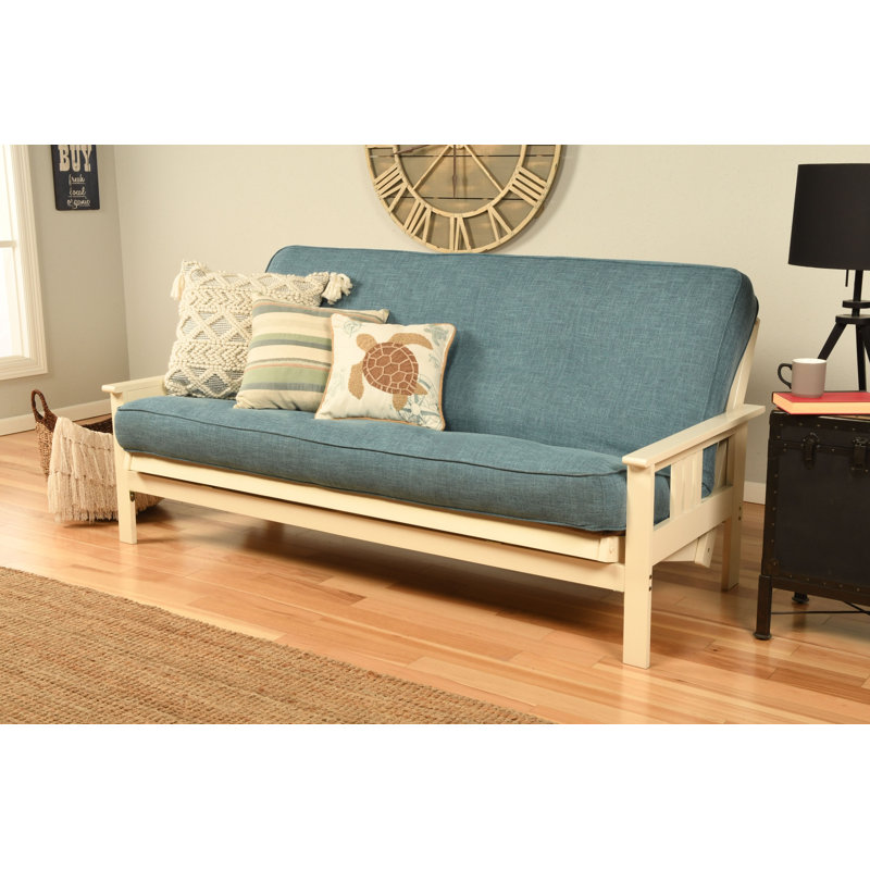 Stratford Full 79" Futon Frame and Mattress with Drawer Set, Butternut, Aqua Linen