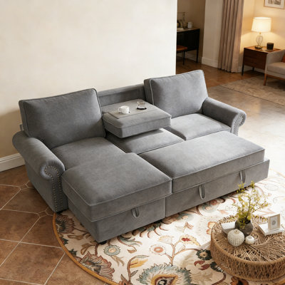 Canapé-lit convertible 95 po avec lit escamotable et méridienne avec rangement, canapé modulaire en forme de L avec porte-gobelets