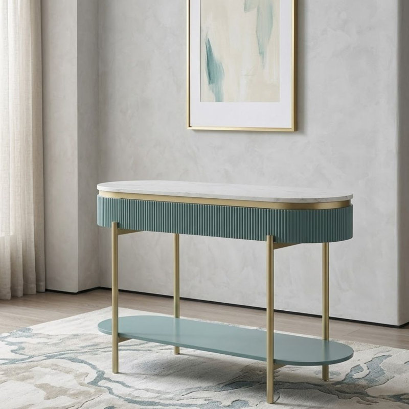 Dominic 47 po Console ovale en faux marbre sarcelle clair et or avec détail cannelé et tablette