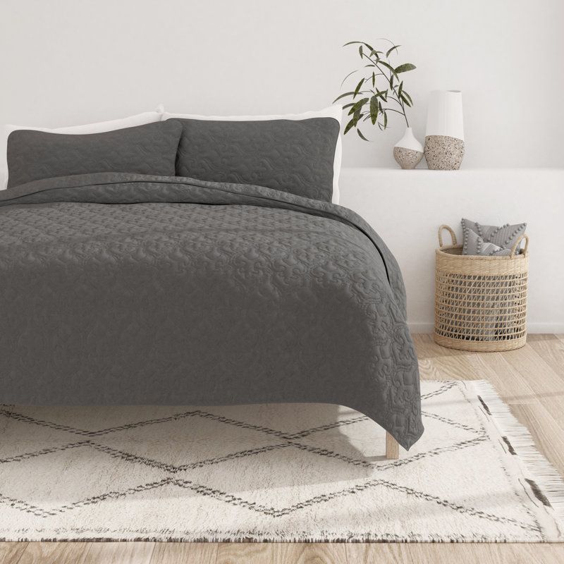 All Season Lightweight Soft Damask Quilt Set by Simply Soft, Gray, King/Cal. King Coverlet + 2 King/Cal. King Shams