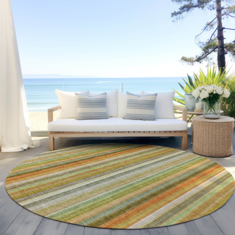Kinslee Washable Striped Indoor / Outdoor Rug, Round 8'