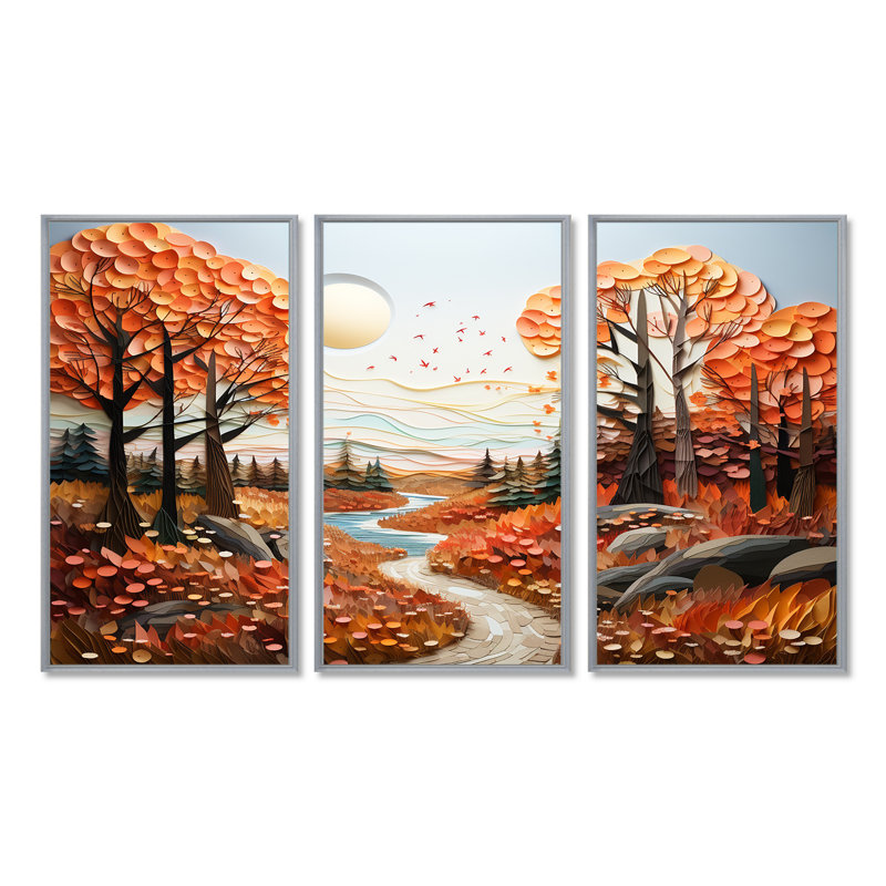 Rustic Autumn Country Road - ensemble de reproductions d'art mural paysage abstrait, Encadrement argenté