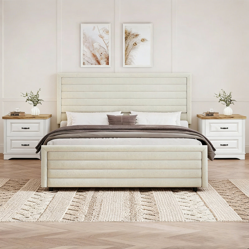 Ensemble de lit plateforme en velours avec 2 tables de chevet Farmhouse, Crème / Blanc, Grand lit