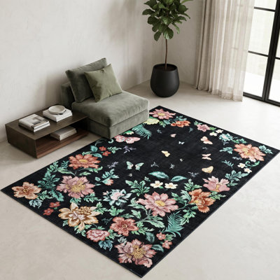 Tapis d'intérieur lavable à la machine 8 x 10 pi avec motif floral papillon - Tapis de salon en velours doux, envers TPR antidérapant, facile à nettoyer, noir