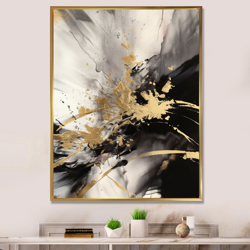 Or et gris fluides fusion II - art mural abstrait, Cadre flottant doré, H 44 po x l 34 po x P 1,5 po