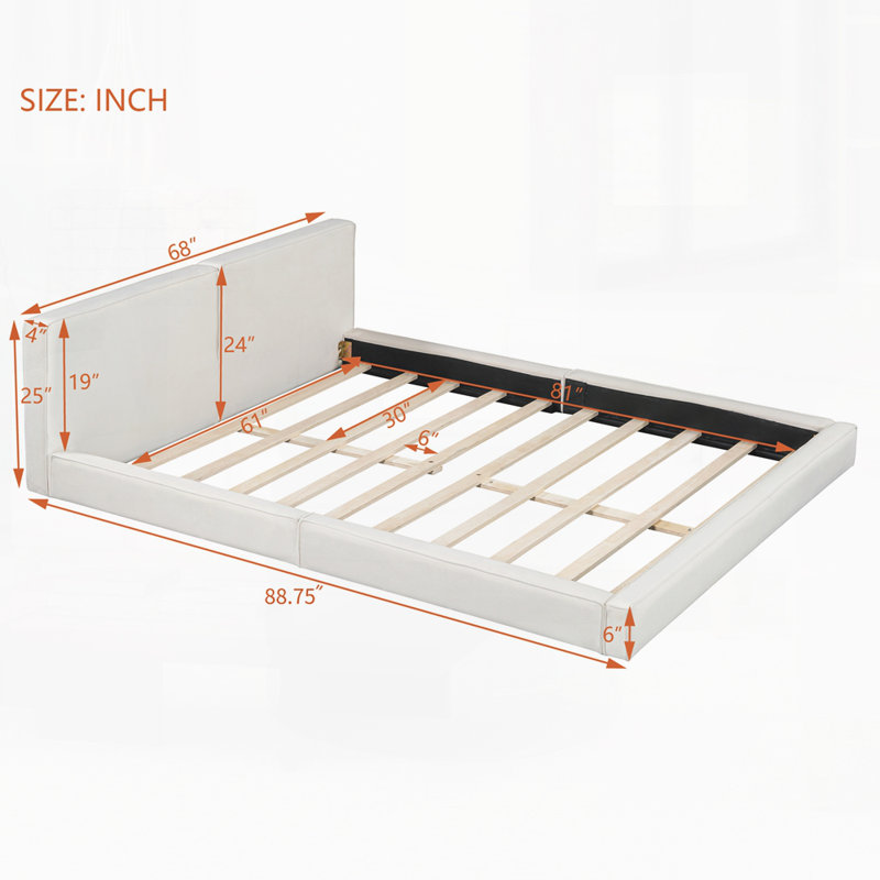 Lit plateforme tapissier avec tissu en velours, Beige