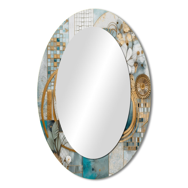 Golden Blue Mosaic Floral Design II - Large Oval Wall Mirror On Metal, 36" x 24"