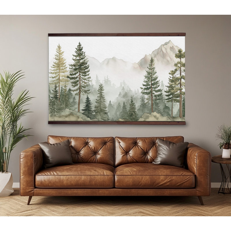«Misty Mountain Forest», art mural tapisserie sur toile avec cintres en bois, H 40 po x l 60 po