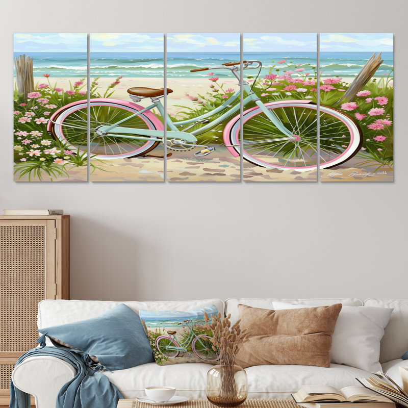 Vélo vert sur le sentier côtier floral I - ensemble de salon d'art mural côtier, H 32 po x l 80 po