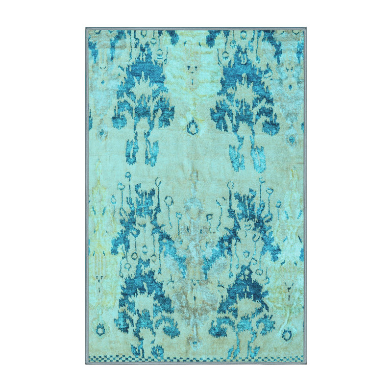 Tapis bleu / bleu sarcelle abstrait en polyester tissé à la machine, Rectangle 5 pi x 7 pi