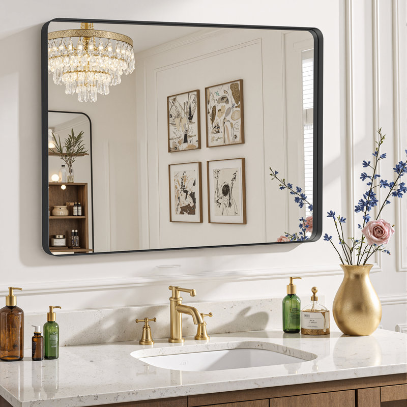 Aevar Wall Mounted Bathroom and Vanity Mirror With Tempered Glass and Aluminum Frame, 39" H x 30" W, Black