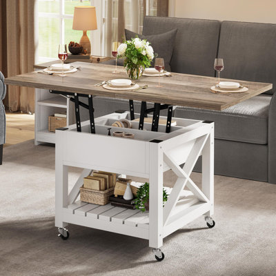 Farmhouse Lift Top Small Square Coffee Table With Wheels And Storage Compartment For Living Room