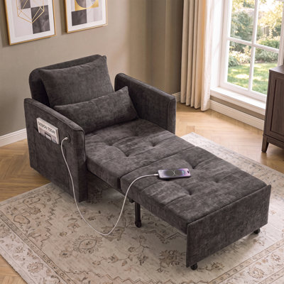 Canapé-lit convertible L 84 po 3-en-1, fauteuil d'appoint escamotable avec 2 coussins, poches de rangement et port USB pour salon, bureau