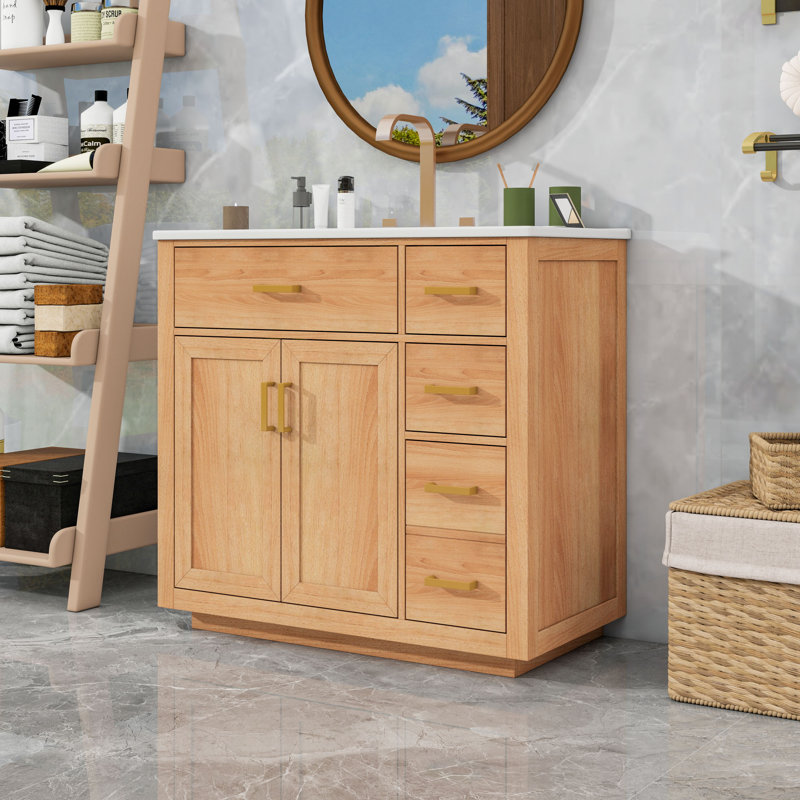 Meuble-lavabo de 36 pouces avec lavabo en céramique, structure en bois d'hévéa massif, 4 tiroirs et portes doubles à fermeture en douceur