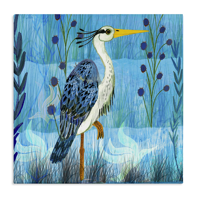 Grue debout sur toile aux tons bleus, design par Kay Widdowson, H 17 po x l 17 po