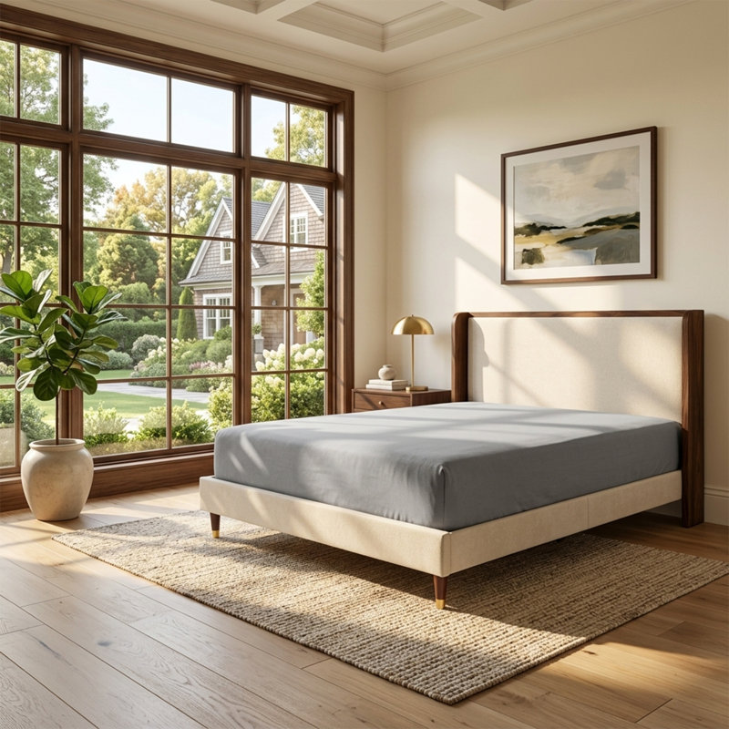 Lit plateforme capitonné de style moderne du milieu du siècle, avec garniture en bois et pieds dorés, taille double, lin beige