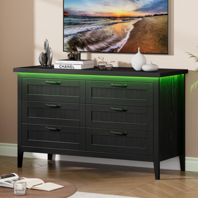 Farmhouse Drawer Dresser with Charging Station & LED Lights, Slim Wooden Bedroom Dresser