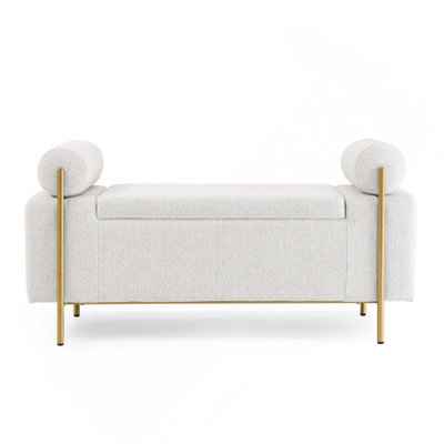 Elegant Upholstered Storage Bench With Cylindrical Arms And Iron Legs For Hallway, Living Room, Bedroom