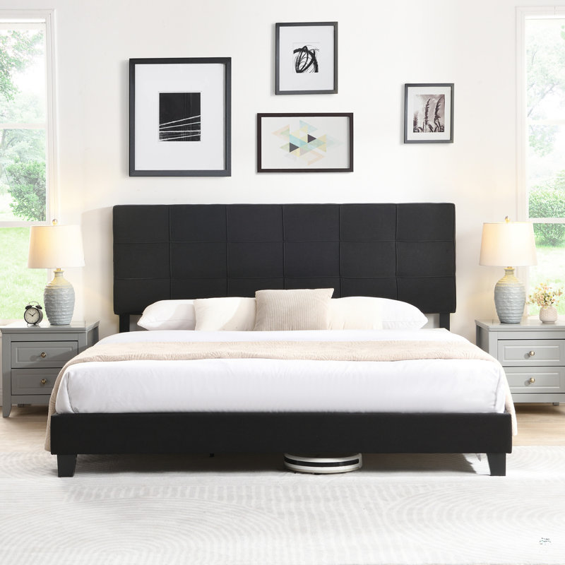 King Size Upholstered Platform Bed Frame With Linen Fabric Headboard, No Box Spring Needed, Wood Slat Support, Easy Assembly