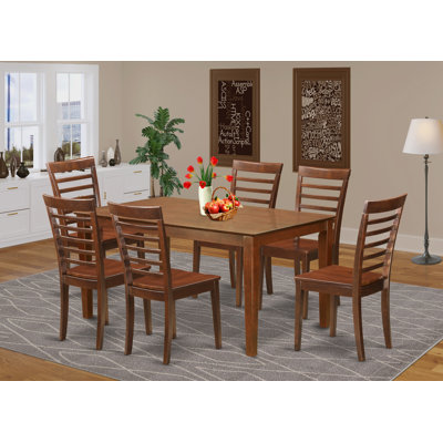 7 Piece Dining Table Set Consist of a Rectangle Wooden Table and 6 Dining Room Chairs, 36x60 Inch, Mahogany
