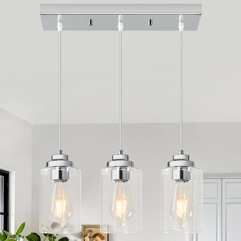 Luminaire suspendu en verre transparent 3 lumières pour îlot de cuisine, Noir mat