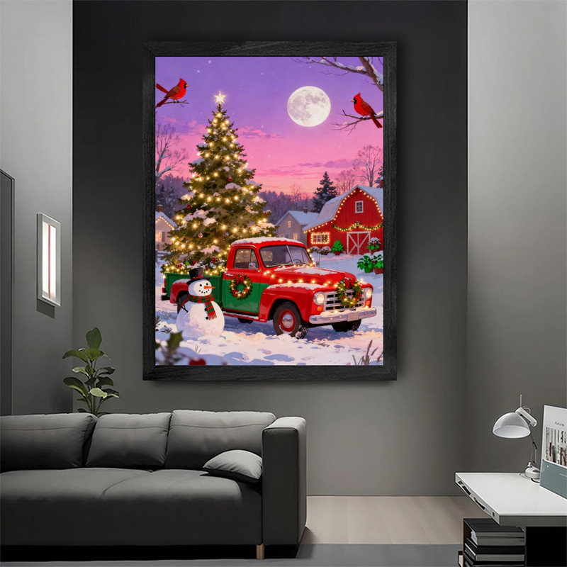 Cadre noir rétro encadré noir camion de Noël festif enneigé rustique, H 37 po x l 25 po