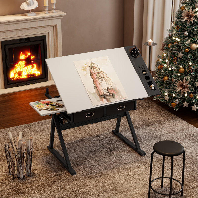 Bureau de dessin réglable avec 2 tiroirs pour bureau à domicile et école avec tabouret, Blanc