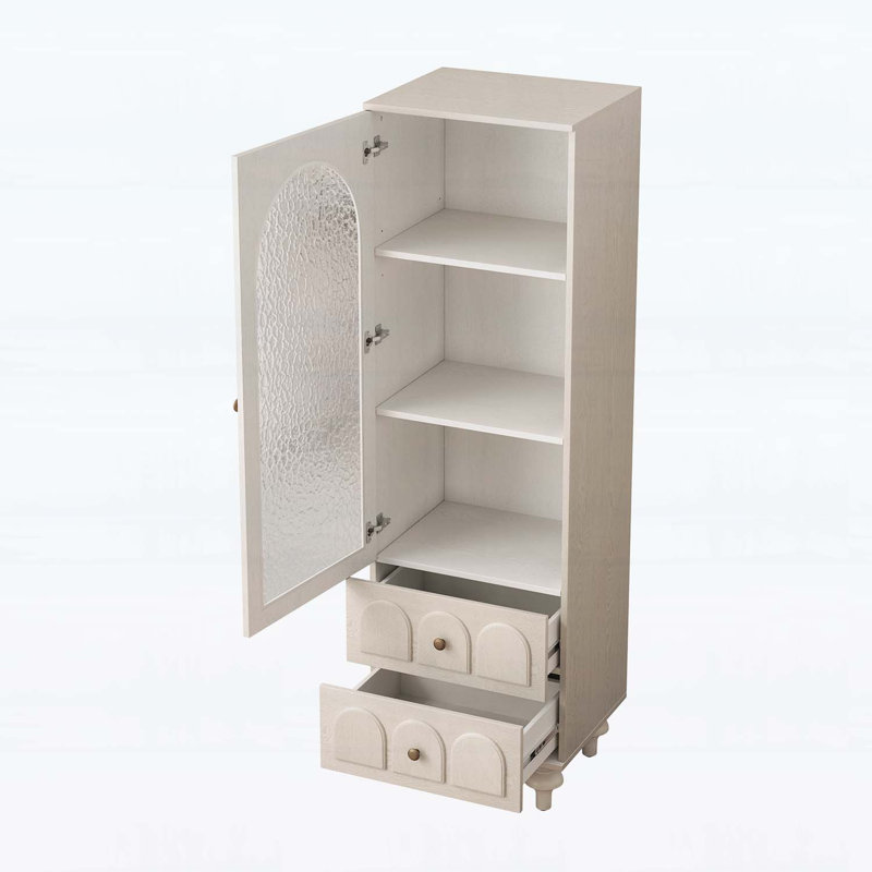 Grande armoire de rangement avec porte en verre trempé, deux tiroirs et tablette réglable pour une organisation polyvalente et élégante