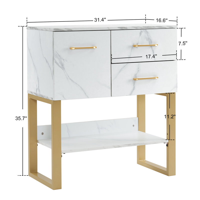 Console Quintonio avec tiroir, armoire de rangement et tablette moderne, Blanc, Doré