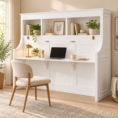 Lit escamotable simple Murvelyn avec bureau à niveau intégré, tablettes de rangement ouvertes, structure en bois renforcé, lattes de soutien solides, capacité de lit de 500 lb, capacité de tablette de 40 lb