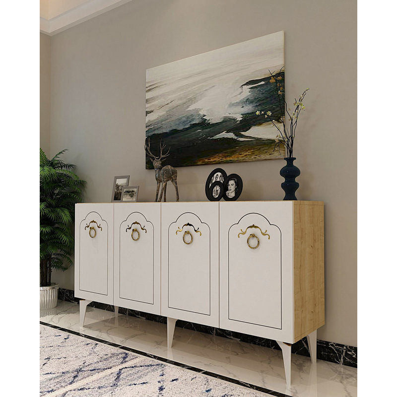 Console élégante, chêne saphir et blanc, panneau de particules recouvert de mélamine à 100%, épaisseur: 0,7 pouce | Plusieurs tablettes, montables au mur, parfaites pour la décoration traditionnelle