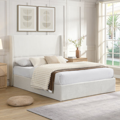 Lit tapissier à haute tête de lit haute, base de lit autoportante, base de lit grand, support à 12 lattes, facile à assembler, beige, toile de chenille, aucun sommier nécessaire