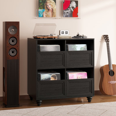 2-Tier Mid Century Record Storage Cabinet, Large Record Player Stand With Vinyl Storage