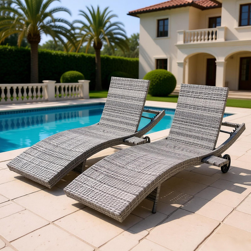 80" Patio Wicker Chaise Lounge Chairs Set Of 2, Outdoor Rattan Reclining Lounge Chair W/ Rolling Wheels & Pull-out Side Table, Adjustable Backrest, Ergonomic Wave Design For Poolside, Deck, Grey