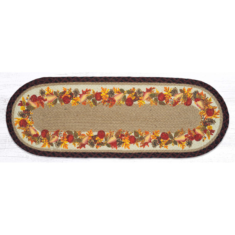 Earth Rugs Autumn Wreath Oval Table Runner 36" H Braided Jute Hand-Stenciled Runner For Indoor Decor by Earth Rugs
