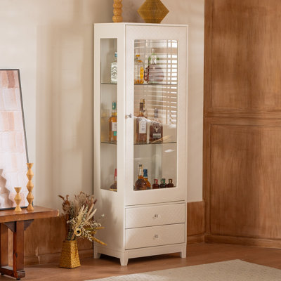 Vitrine autoportante 71 po avec 2 tiroirs de rangement, garde-manger rembourré avec plafonnier, armoire à vin avec porte vitrée et tablettes réglables, pour le salon, la cuisine, le bar et la salle à manger - blanc