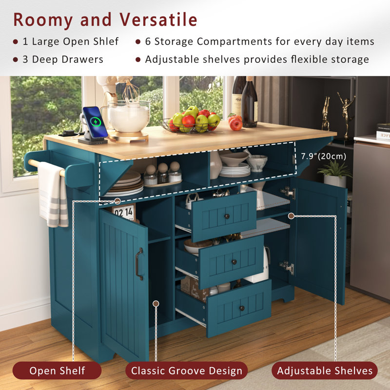 55.7 Inch Large Kitchen Island with 2 Drop Leaf, Rolling Cart on 5 Wheels with Power Outlet, Folding Storage Dining Table with Spice Rack and 3 Drawers, Green
