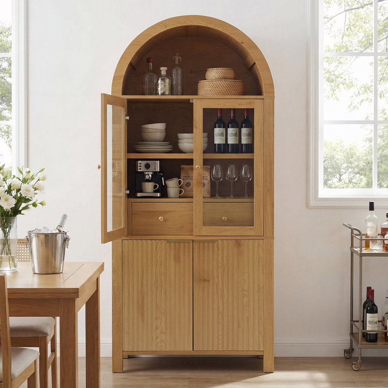 Armoire garde-manger arquée en verre cannelé avec tablettes réglables et tiroir caché, Naturel