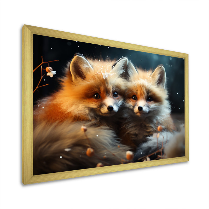 Printemps, renards mignons, regard II - renard, art mural animal, Cadre doré à coins fermés, H 24 po x l 32 po x P 1 po