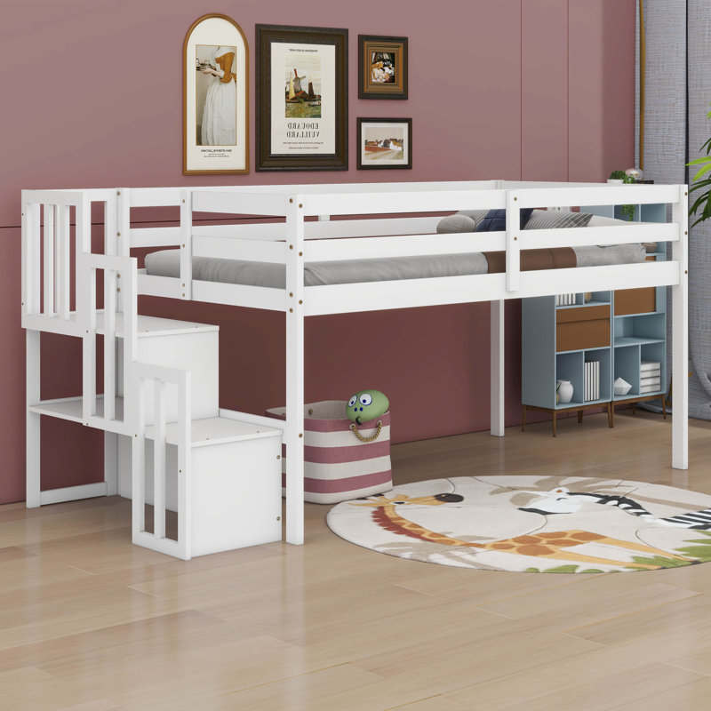  Zahara Twin Loft Bed With Staircase, White